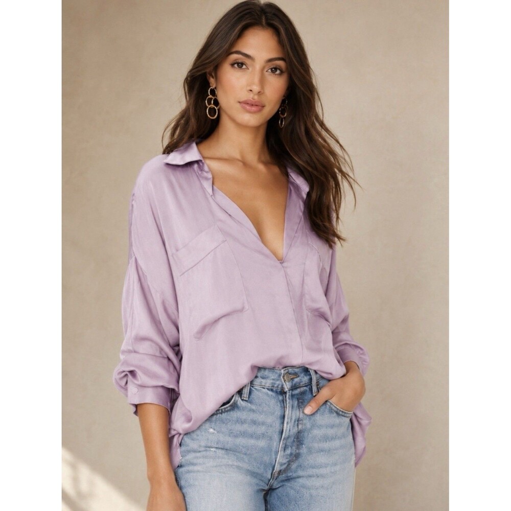 Free People Starry Dreams Long Sleeve Pullover Tunic Top Shirt Blouse Lilac M
